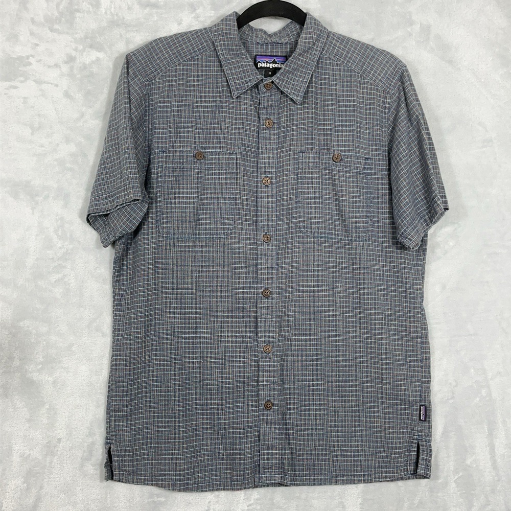 Patagonia Mens Button Shirt Back Step Short Sleeve M Cotton Hemp Blue Plaid - Picture 2 of 11